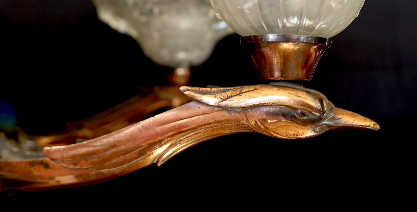 A Boris Lacroix Art Deco copper and frosted glass light fitting, height 84cm. width 82cm